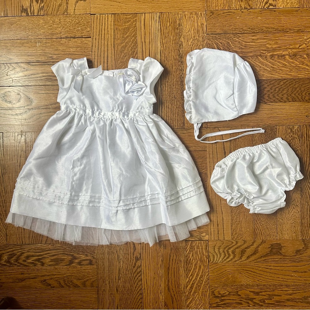 White Baby Dress with Bonnet and Bloomers